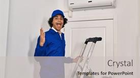  Presentation with home renovation - Presentation design enhanced with hispanic-man-with-curly-hair background and a light gray colored foreground