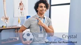  Presentation with physiotherapist - PPT theme enhanced with hispanic-man-with-curly-hair background and a  colored foreground