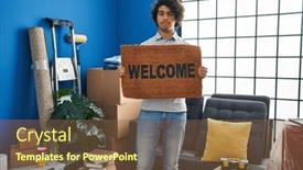  Presentation with welcome - PPT theme having hispanic-man-with-curly-hair background and a tawny brown colored foreground