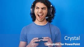  Presentation with controller - PPT theme featuring hispanic-man-with-curly-hair background and a teal colored foreground