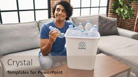  Presentation with plastic recycling - Slide deck having hispanic-man-with-curly-hair background and a coral colored foreground