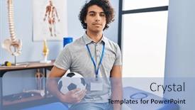  Presentation with physiotherapist - PPT theme consisting of hispanic-man-with-curly-hair background and a  colored foreground