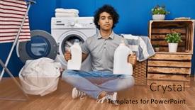  Presentation with laundry detergent - PPT theme featuring hispanic-man-with-curly-hair background and a coral colored foreground