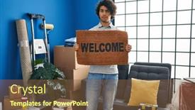  Presentation with welcome - Theme having hispanic-man-with-curly-hair background and a tawny brown colored foreground