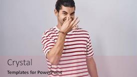  Presentation with bad breath - PPT theme featuring hispanic-man-with-long-hair background and a coral colored foreground