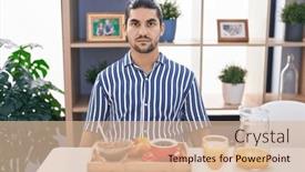  Presentation with 3d man sitting question mark - Presentation having hispanic-man-with-long-hair background and a lemonade colored foreground