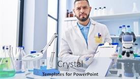  Presentation with laboratory - Presentation design with hispanic-man-working-at-scientist background and a  colored foreground