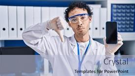  Presentation with negative - Presentation theme consisting of hispanic-man-working-at-scientist background and a light blue colored foreground