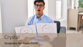  Presentation with happy sad face man - Presentation having hispanic-man-working-on-depression background and a coral colored foreground