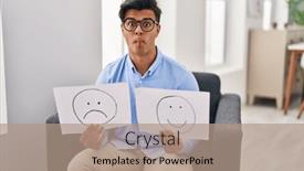  Presentation with happy sad face man - PPT theme having hispanic-man-working-on-depression background and a coral colored foreground