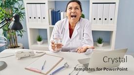  Presentation with looking glass - PPT theme featuring hispanic-mature-doctor-woman-holding background and a  colored foreground