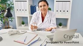  Presentation with looking glass - Presentation design having hispanic-mature-doctor-woman-holding background and a light gray colored foreground