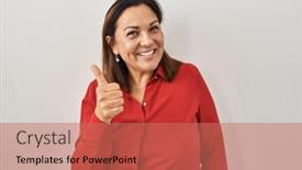  Presentation with success - Presentation theme featuring hispanic-mature-woman-standing-over background and a coral colored foreground