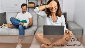  Presentation with home - PPT theme having hispanic-middle-age-couple background and a coral colored foreground