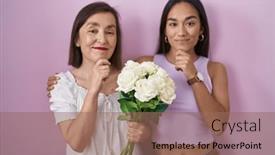  Presentation with hand holding flowers - Slide deck enhanced with hispanic-mother-and-daughter-holding background and a coral colored foreground