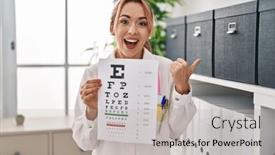  Presentation with exam - Presentation design having hispanic-optician-woman-holding-medical background and a mint green colored foreground