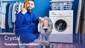  Presentation with machine - Presentation theme featuring hispanic-repairman-working-on-washing background and a  colored foreground