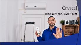  Presentation with conditioner - Presentation theme consisting of hispanic-repairman-working-with-air background and a light gray colored foreground