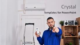  Presentation with conditioner - PPT theme featuring hispanic-repairman-working-with-air background and a light gray colored foreground