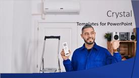  Presentation with conditioner - Presentation theme with hispanic-repairman-working-with-air background and a  colored foreground