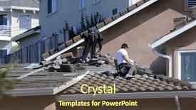  Presentation with house roof and roofing business - Cool new PPT theme with hispanic roofer laying roofing tile backdrop and a tawny brown colored foreground