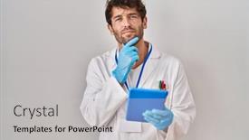  Presentation with scientist - Presentation theme with hispanic-scientist-man-working background and a light gray colored foreground