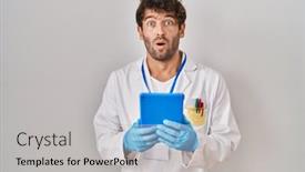  Presentation with teachers working around a table - Presentation theme with hispanic-scientist-man-working background and a light gray colored foreground