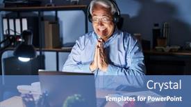  Presentation with call center - Presentation design having hispanic-senior-man-wearing-call background and a teal colored foreground
