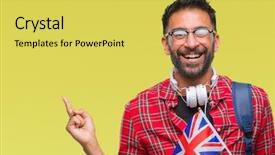  Presentation with united kingdom - Audience pleasing PPT theme consisting of hispanic student man holding passport backdrop and a yellow colored foreground