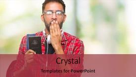  Presentation with woman covering man mouth hand - Theme having hispanic student man holding passport background and a red colored foreground
