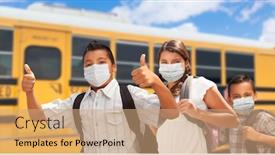  Presentation with masks - PPT theme with hispanic-students-near-school-bus background and a coral colored foreground