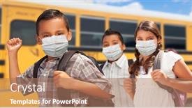  Presentation with masks - Audience pleasing PPT theme consisting of hispanic-students-near-school-bus backdrop and a coral colored foreground