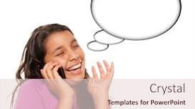  Presentation with paths - Amazing slides having hispanic teen aged girl on cell phone with blank thought bubble isolated on a white background - contains clipping paths backdrop and a lemonade colored foreground