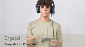  Presentation with controller - Presentation theme having hispanic-teenager-playing-video-game background and a mint green colored foreground