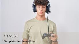  Presentation with video game - PPT theme featuring hispanic-teenager-playing-video-game background and a soft green colored foreground
