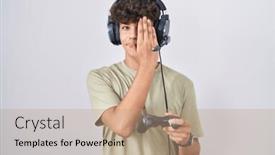  Presentation with controller - PPT theme having hispanic-teenager-playing-video-game background and a coral colored foreground