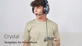  Presentation with controller - PPT layouts enhanced with hispanic-teenager-playing-video-game background and a mint green colored foreground