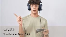  Presentation with controller - Presentation theme featuring hispanic-teenager-playing-video-game background and a coral colored foreground