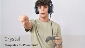 Presentation with controller - Presentation theme featuring hispanic-teenager-playing-video-game background and a mint green colored foreground