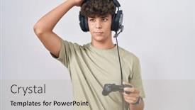  Presentation with controller - Slide set having hispanic-teenager-playing-video-game background and a mint green colored foreground