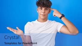  Presentation with think - PPT theme featuring hispanic-teenager-standing-over-blue background and a teal colored foreground