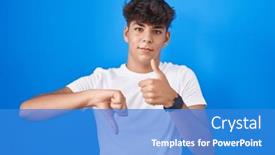  Presentation with conflict - Slides consisting of hispanic-teenager-standing-over-blue background and a teal colored foreground