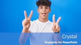  Presentation with tongue - Presentation design enhanced with hispanic-teenager-standing-over-blue background and a teal colored foreground