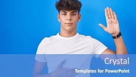  Presentation with chest - PPT theme enhanced with hispanic-teenager-standing-over-blue background and a teal colored foreground