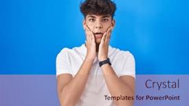  Presentation with blue - Slide set consisting of hispanic-teenager-standing-over-blue background and a coral colored foreground