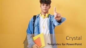  Presentation with backpack - Slide deck having hispanic-teenager-wearing-student-backpack background and a  colored foreground