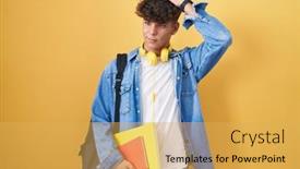  Presentation with backpack - Presentation theme featuring hispanic-teenager-wearing-student-backpack background and a  colored foreground