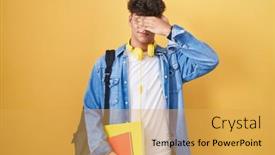  Presentation with backpack - Presentation design having hispanic-teenager-wearing-student-backpack background and a  colored foreground