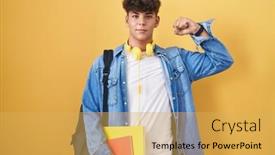  Presentation with muscle - Slide set consisting of hispanic-teenager-wearing-student-backpack background and a  colored foreground
