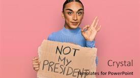  Presentation with protest - PPT theme featuring hispanic-transgender-man-wearing-make background and a coral colored foreground